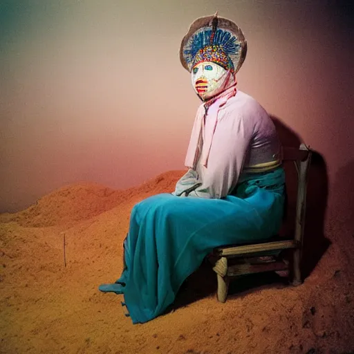 Prompt: color photography, portrait of indigenous spiritual healer shaman in underworld, spirits shadows ritual, biotecture sandstorm dust mountain temple, cindy sherman, erwin wurm