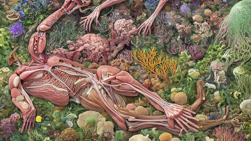 Image similar to highly detailed illustration of a human anatomy body exploded by all the known species of plants, flowers, corals and mushrooms by juan gatti, by makoto shinkai, by moebius!, by oliver vernon