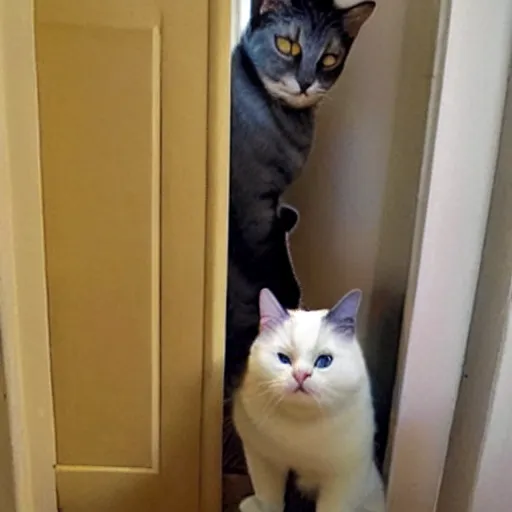 Prompt: gigantic fat cat blocking the doorway, annoyed human staring at the giant cat blocking the door