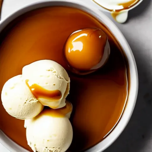 Prompt: closeup of a bowl with three balls of plain vanilla ice cream with caramel sauce. Simplistic. Food photography.