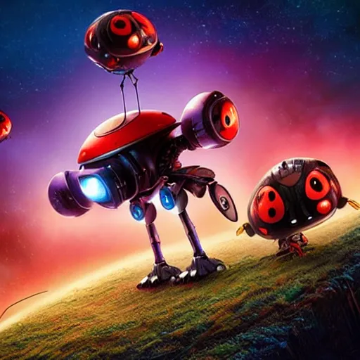 Image similar to promotional movie still, ladybug futuristic ( ( descendants ) ), ladybug quadruped with big rgb eyes, huge ladybug mothership, space western, dramatic lighting, the fellowship of the ring ( film ), ( ( ( wall - e ( film ) ) ) )