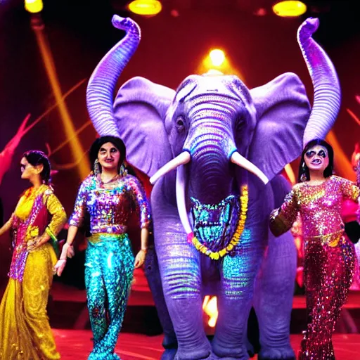 Image similar to bollywood movie, an elephant wearing a silver latex suit and an iridescent metal helmet surrounded by women dancing in colorful flowing intricate dresses on a tropical alien planet