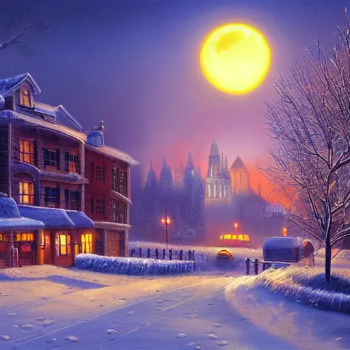 Image similar to winter city scape inspired by Evgeny Lushpin, Peter Zumthor cinematic,sunset,full moon