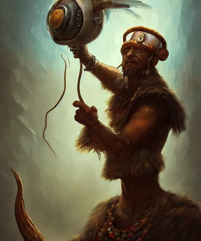 Image similar to Neolithic shaman wearing Virtual Reality set, prehistoric, semi realistic character concept art, character full body portrait painting, DeviantArt Artstation, by Jason Felix by Steve Argyle by Tyler Jacobson by Peter Mohrbacher, cinema