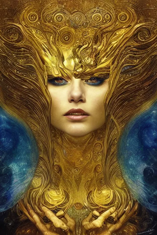 Image similar to Intermittent Chance of Chaos Muse by Karol Bak, Jean Deville, Gustav Klimt, and Vincent Van Gogh, beautiful Surreality portrait, enigma, Loki's Pet Project, destiny, Poe's Angel, fate, inspiration, muse, otherworldly, fractal structures, arcane, ornate gilded medieval icon, third eye, spirals