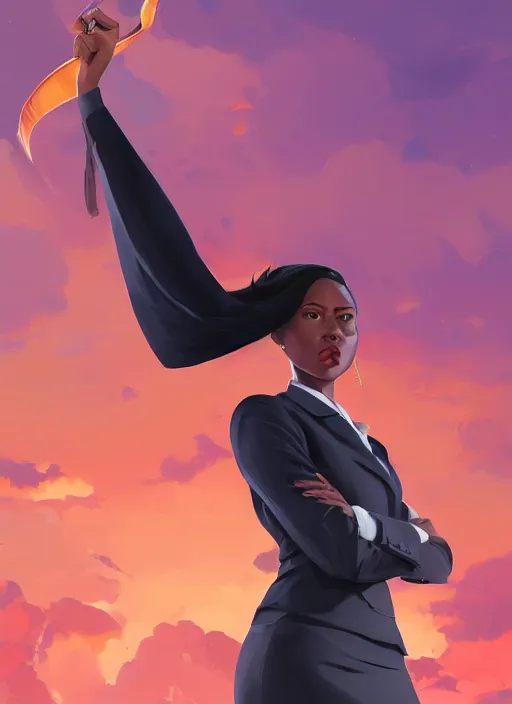 Prompt: detailed digital painting of beautiful black woman ceo, productivity diva, corporate empress in tailored skirt suit, fanart behance hd by jesper ejsing, by rhads, makoto shinkai and lois van baarle, ilya kuvshinov, rossdraws, success!, global illumination, sunset, detailed and intricate environment