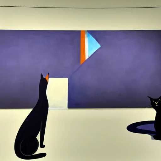 Image similar to in an art gallery, there is a huge painting of carmen herrera blue with white line. a black cat is looking at the painting. cgsociety, surrealism, dystopian art, purple color scheme