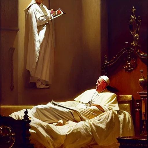 Image similar to the pope is in his bed, nervous and terrified, because a double horned shadow figure ghost from hell is attacking him. highly detailed painting by gaston bussiere, j. c. leyendecker, greg rutkowski, craig mullins 8 k