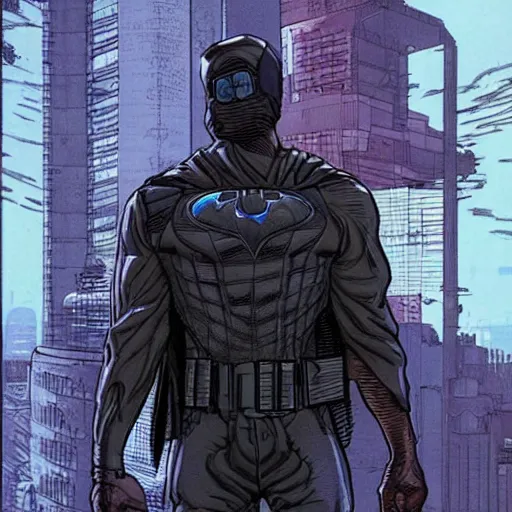 Prompt: Bruce Wayne. Apex legends cyberpunk weight lifter. Concept art by James Gurney and Mœbius.