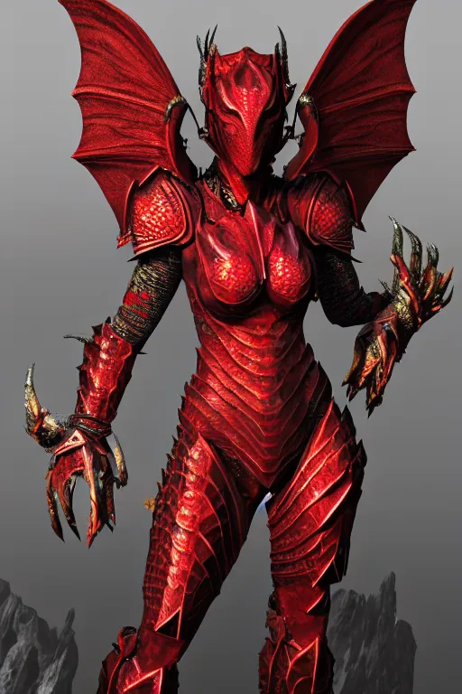 Prompt: Full body picture of a pretty lady, with scaly-looking armor, dragon wings sprouting of her shoulders, crimson themed, fully armor, visible face!, curved blades on each hand, epic, high fantasy, trending on artstation, artstationHD, artstationHQ, cgsociety, octane, HD 16K