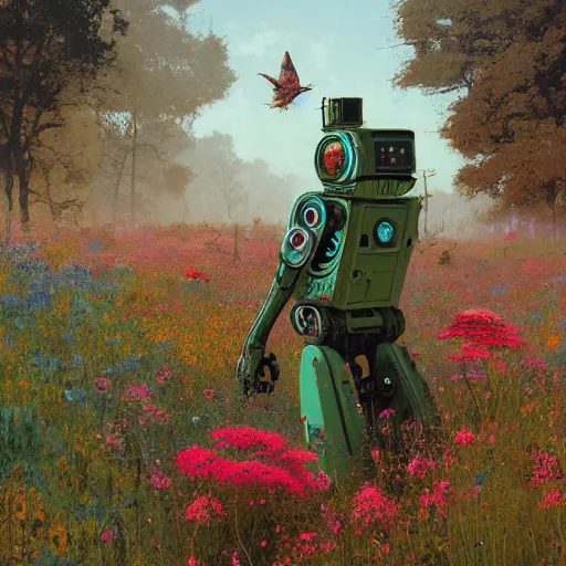 Prompt: vibrant vivid stylish hyperdetailed national geographic photo of an abandoned apocalyptic robot partially covered in overgrown wildflowers by jakub rozalski, retro vintage sci fi landscape by moebius and simon stalenhag and geoff darrow and dan mumford, solarpunk