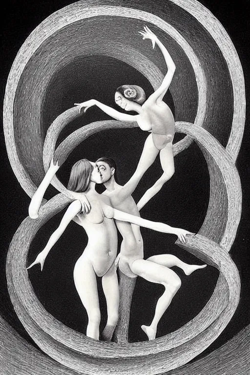 Image similar to optical illusion painting of a couple dancing in a worm hole, illusionism, look twice, mind blow, by damien gilley and salvador dali, detailed