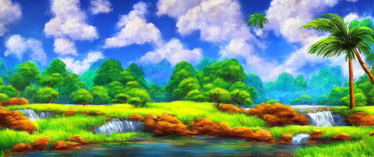 Prompt: a beautiful unique landscape photo influenced by bob ross. background blue cg clear clouds day digitalart environment fall grass green illustration landscape painting palm refiend river rock sky water art character tropical waterfall