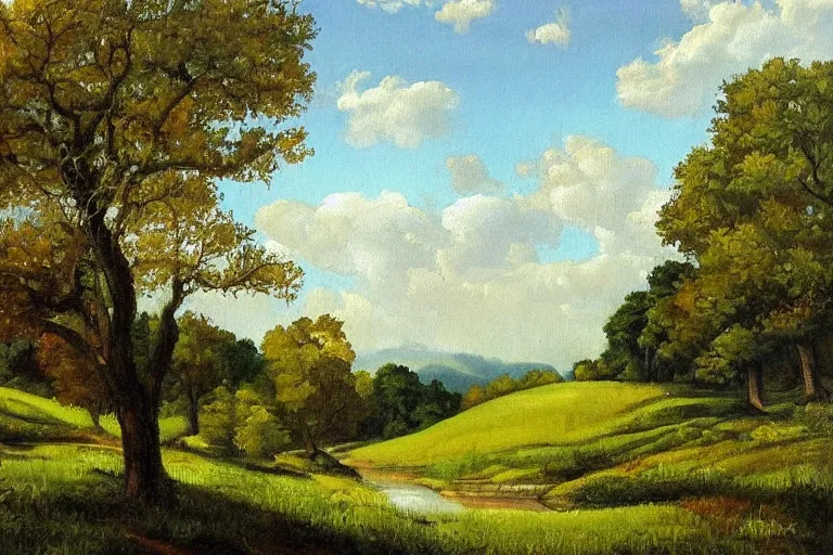 Image similar to masterpiece painting of oak trees on a hillside overlooking a creek, by marion wachtel