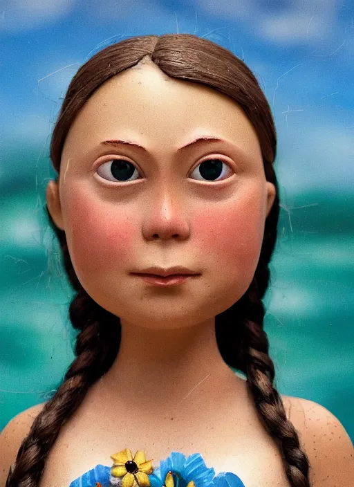 Image similar to closeup profile portrait of tin toy greta thunberg wearing a bikini, depth of field, zeiss lens, detailed, symmetrical, centered, fashion photoshoot, by nicoletta ceccoli, mark ryden, lostfish, breathtaking, 8 k resolution, extremely detailed, beautiful, establishing shot, artistic, hyperrealistic, octane render