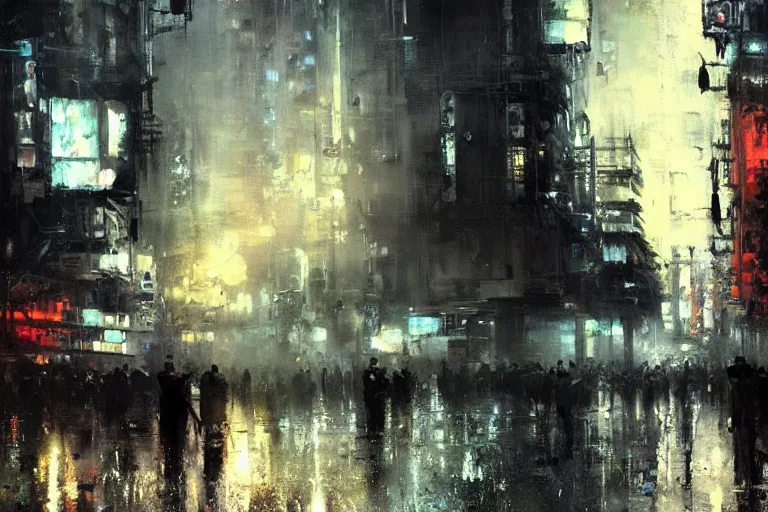 Prompt: neotokyo cityscape painted by jeremy mann, street - level, dripping oil paint, highly detailed, high resolution