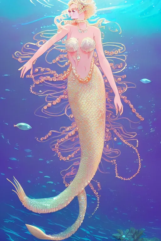 Image similar to a beautiful mermaid queen of the ocean in the middle of coral reefs, pearl and gold and crystal jewelry, complex and shiny dress inspired by jellyfish, by ross tran and atey ghailan, by greg rutkowski, by greg tocchini, by james gilleard, by joe fenton, by kaethe butcher, dynamic lighting, grunge aesthetic