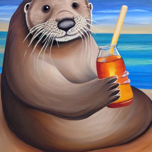 Image similar to An otter dressed as a pirate sitting on a beach drinking rum, oil on canvas painting