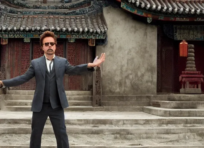 Image similar to film still of Robert Downey Jr as Cobb in an ancient chinese temple in Inception, 4k