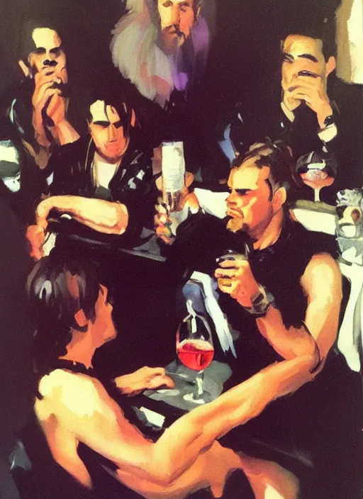 Image similar to polaroid of a glam rocker drinking brutal and raw wine with his friends by joaquin sorolla, phil hale, greek style, ultra detailed