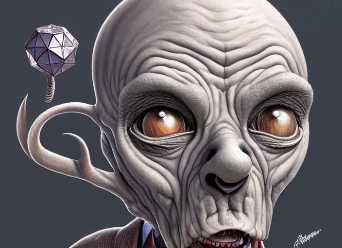 Image similar to anthropomorphic d 2 0 comedic genius head in opal darkiron mr. bean grey wide head, intricate, elegant, highly detailed monster, digital painting, artstation, concept art, sharp focus, illustration, art by artgerm, bob eggleton, michael whelan, stephen hickman, richard corben, wayne barlowe, alphonse mucha, 8 k