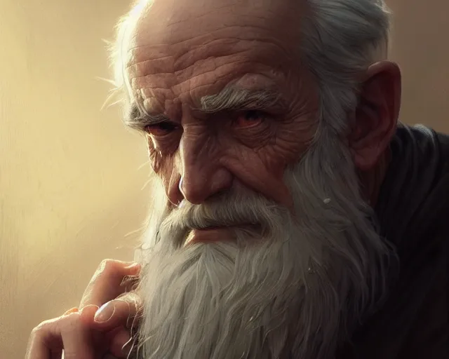 Prompt: highly detailed photorealistic old man, deep focus, d & d, fantasy, intricate, elegant, highly detailed, digital painting, artstation, concept art, matte, sharp focus, illustration, hearthstone, art by artgerm and greg rutkowski and alphonse mucha