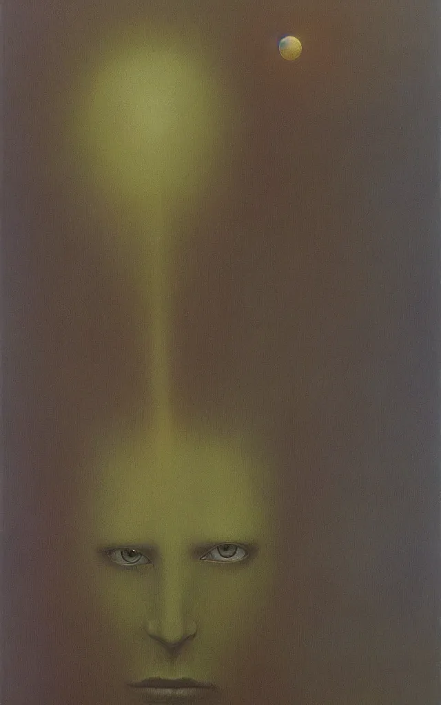 Image similar to iridescent spirit of desire and fear cruel beautiful spirit (androgynous) with golden eyes lunar mythos ambient fog, award winning oil painting by Zdzisław Beksiński, distinct color palette