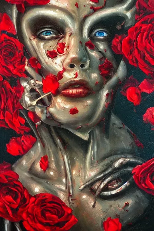 Prompt: oil painting, close-up, hight detailed, melting cyborg face with red roses everywhere at red planet, in style of 80s sci-fi art, neodada