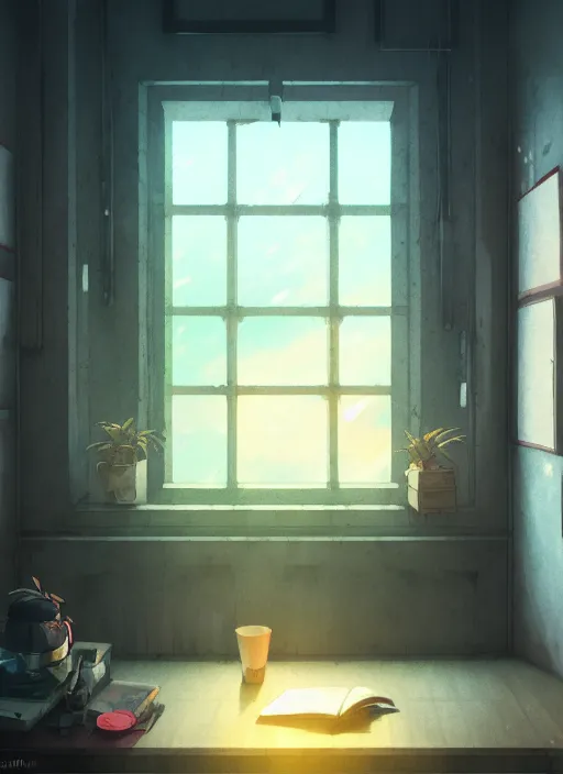 Prompt: interior background : { near the window, rainy outside }, no character, illustration concept art anime key visual trending pixiv fanbox by wlop and greg rutkowski and makoto shinkai and studio ghibli