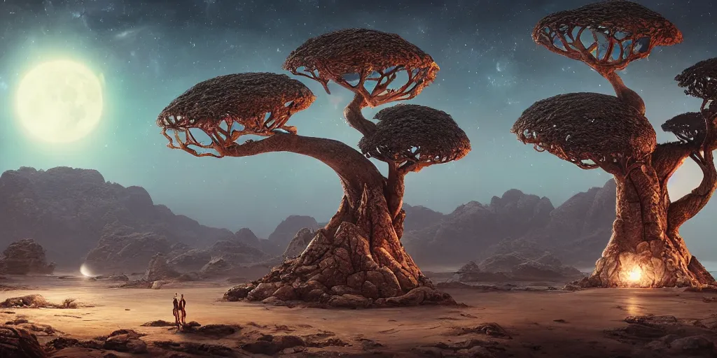 Image similar to moonlit socotra island with dragon trees, starry night, sharp focus, wide shot, trending on ArtStation, masterpiece, by Greg Rutkowski, by Ross Tran, by Fenghua Zhong, octane, soft render, ultrarealistic, colorful, cinematic, matte painting, shadow of the tomb rider