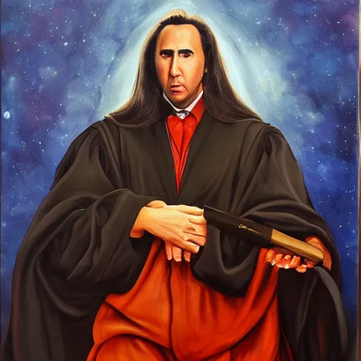 Prompt: gorgeous painting of nicolas cage wearing robes, as professor of dark arts in hogwarts, oil on canvas, ultra detailed