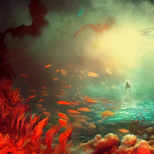 Image similar to beautifully stunning eye submerged in the depths of the ocean, james jean, brian froud, ross tran, ultra detailed, atmospheric, epic composition, coral reef, cinematic, unreal engine, flares, particles, volumetric light