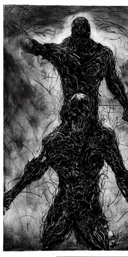 Image similar to concept art of only one man, evil man in a menacing pose, with his body covered in burns, with black smoke coming out of his hands, full body, dark colors, sinister atmosphere, dramatic lighting, cinematic, establishing shot, extremely high detail, photo realistic, cinematic lighting, pen and ink, intricate line drawings, by Yoshitaka Amano, Ruan Jia, Kentaro Miura, Artgerm, post processed, concept art, artstation, matte painting, style by eddie mendoza, raphael lacoste, alex ross,