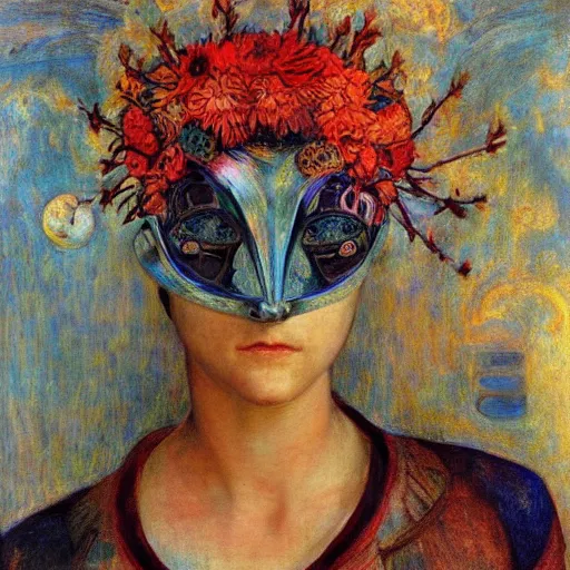 Image similar to the android in her flower mask, by Annie Swynnerton and Diego Rivera, symbolist, dramatic lighting, elaborate geometric ornament, Art Brut ,god rays, soft cool colors,smooth, sharp focus, extremely detailed, Adolf Wölfli