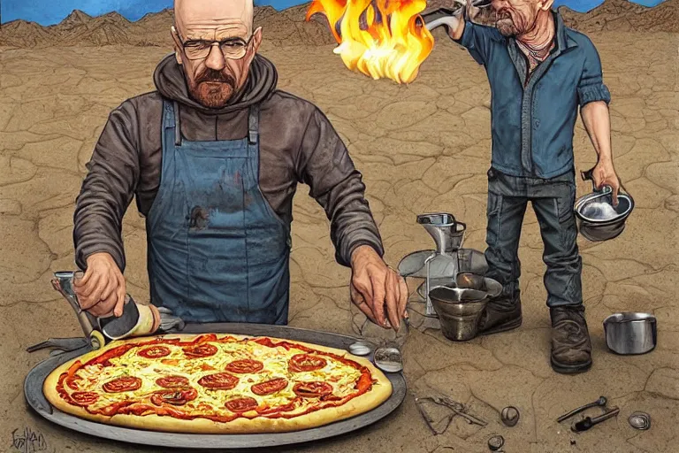 Image similar to a highly detailed portrait of walter white making pizza! in the desert, steaming hot sun in the sky, holding a blowtorch and a pizza peel, intense heat, post - apocalyptic vibe, full body, wide angle, an ultrafine detailed painting by joe fenton, trending on deviantart, pop surrealism, whimsical, lowbrow, perfect symmetrical face, sharp focus, octane, masterpiece