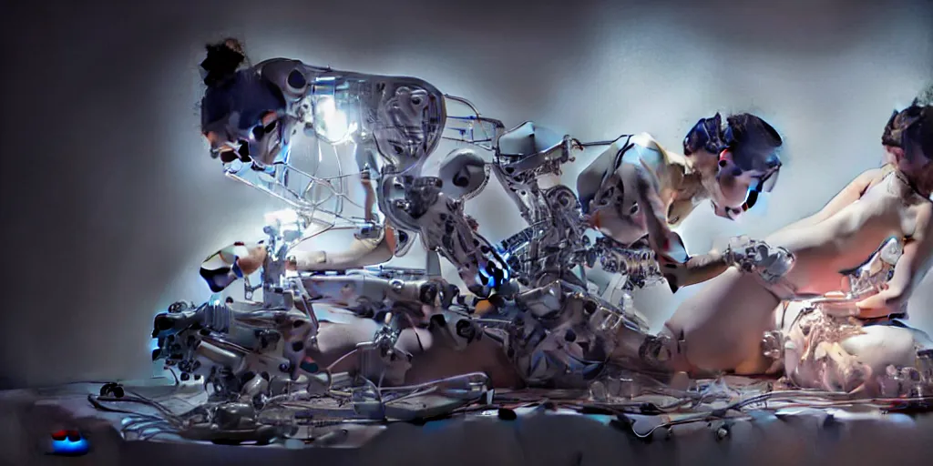 Prompt: hyperrealistic photography of a gorgeous cyborg constructing a human birthing machine in the style of Jin Kagetsu, James Jean and wlop, highly detailed, masterpiece, award-winning, sharp focus, intricate concept art, ambient lighting, 8k, artstation