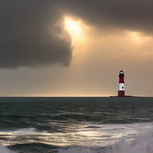 Image similar to stormy ocean at midnight, dark storm clouds overhead, lighthouse in the background concealed by fog