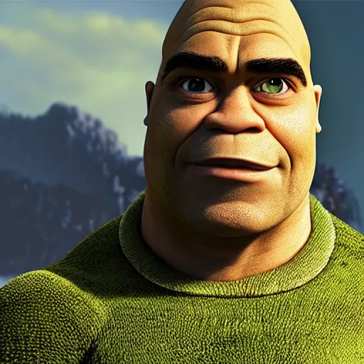 Image similar to The Rock in a turtleneck, Shrek