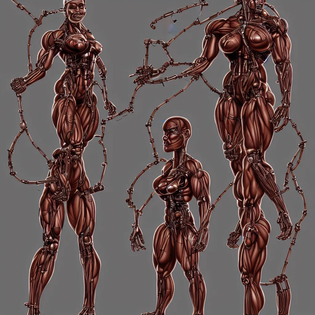 Image similar to character design, bodybuilder female terminator, open mechanical, electronics, veins, cables, rust, sparks