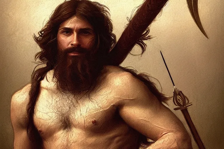 Image similar to renaissance painting full body portrait of a gruff ranger with a spear, lean and toned, handsome face, hairy chest and hairy body, D&D, intricate, elegant, highly detailed, digital painting, artstation, concept art, matte, sharp focus, chiaroscuro, well list, illustration, art by Artgerm and Greg Rutkowski and Alphonse Mucha