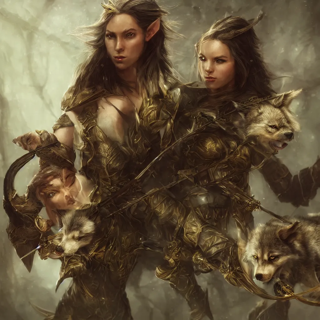 Image similar to Photorealistic close-up fantasy portrait of one single powerful angry female D&D elf ranger holding a longbow, with a pet wolf. Magical occult photorealism, UHD, amazing depth, glowing, golden ratio, 3D octane cycle unreal engine 5, volumetric lighting, cinematic lighting, cgstation artstation concept art