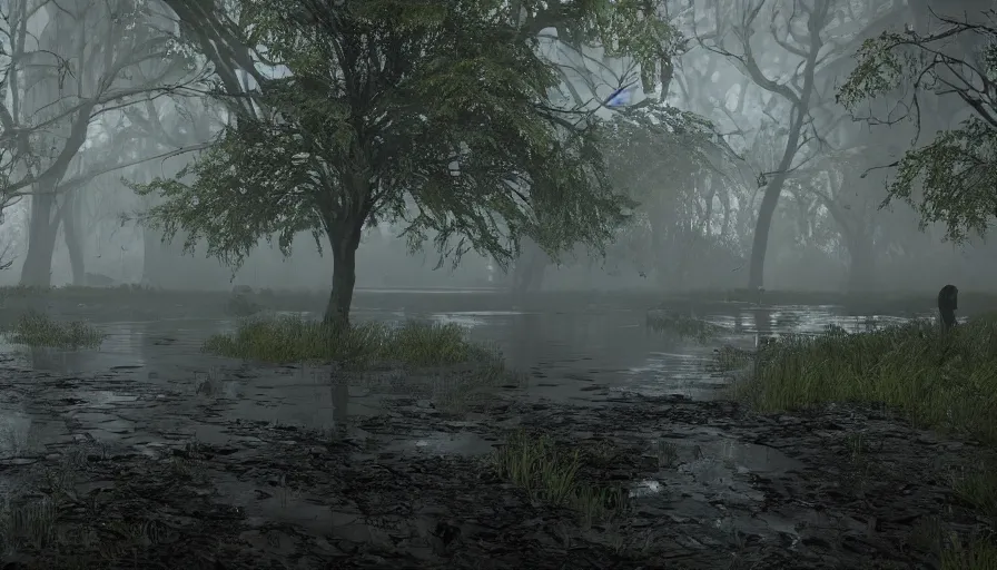 Image similar to dark, misty, foggy, dank, green, muddy, bog, marsh, flooded chicago city street swamp in destiny 2, liminal creepy, dark, dystopian, abandoned, highly detailed 4 k in - game destiny 2 screenshot gameplay showcase