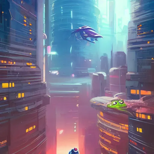 Prompt: frog in spacesuit looking over cyberpunk city, highly detailed, vector art, art by jesper ejsing, by rhads, makoto shinkai and lois van baarle, ilya kuvshinov, rossdraws