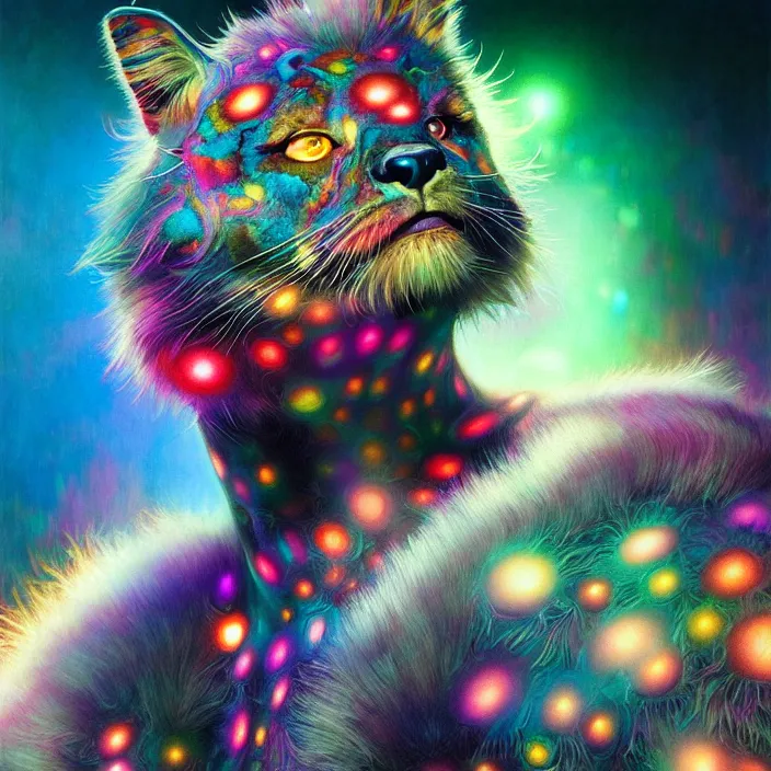 Image similar to bright psychedelic fuzzy fluffy animal cyborg, diffuse lighting, fantasy, intricate, elegant, highly detailed, lifelike, photorealistic, digital painting, artstation, illustration, concept art, smooth, sharp focus, art by John Collier and Albert Aublet and Krenz Cushart and Artem Demura and Alphonse Mucha