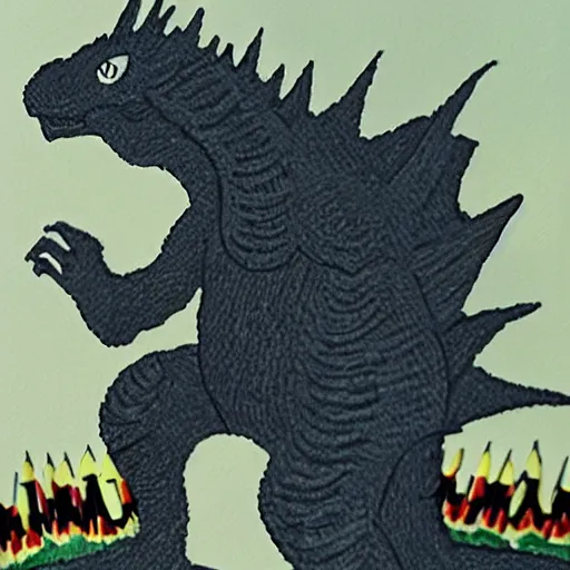 Prompt: drawing of godzilla using a birthday hat, epic, incredible