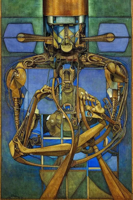 Image similar to the robot wearing his electric crown stands by the window , by Annie Swynnerton and Diego Rivera and Elihu Vedder, symbolist, dramatic lighting, elaborate geometric ornament, Art Brut, soft blues and greens,smooth, sharp focus, extremely detailed, Adolf Wölfli and Evelyn De Morgan