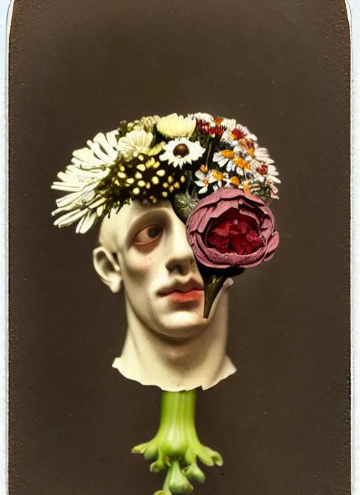 Prompt: beautiful and detailed rotten male made of plants and many types of stylized flowers like carnation, daisy, chrysanthemum, anemone, roses and tulips, intricate, surreal, john constable, gustave courbet, caravaggio, romero ressendi, bruno walpoth 1 9 1 0 polaroid photo