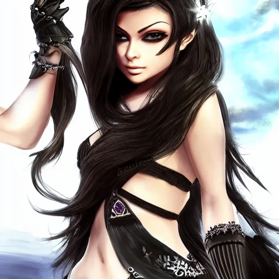 Image similar to portait of haifa wehbe, long hair centred, hd, very charming look, very detailed curve, unreal engine, final fantasy style, fairy tail background