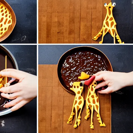 Prompt: making of an edible giraffe from noodles and soy sauce in 1 0 easy steps, from the beautiful'how to make food art step by step collection ', dslr