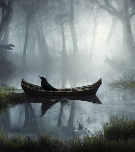 Prompt: three long legs crows in a little boat in a swamp, volumetric lighting, majestic light, octane render, ethereal glare of the sun, hyperrealistic, epic, masterpiece, by greg rutkowski